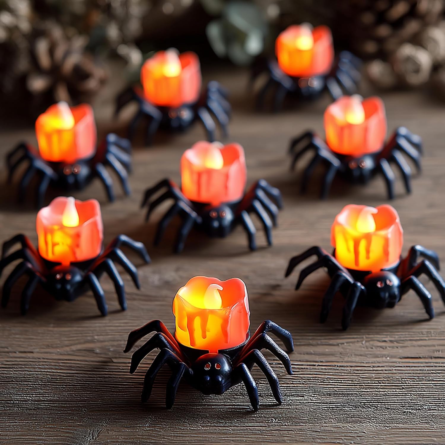 Dazzle Bright 12 Pack Halloween Spider Tea Lights Candles, Battery Operated LED Flameless Spider Candles Holder Lights, Spooky Halloween Decorations for Party Table Home Decor